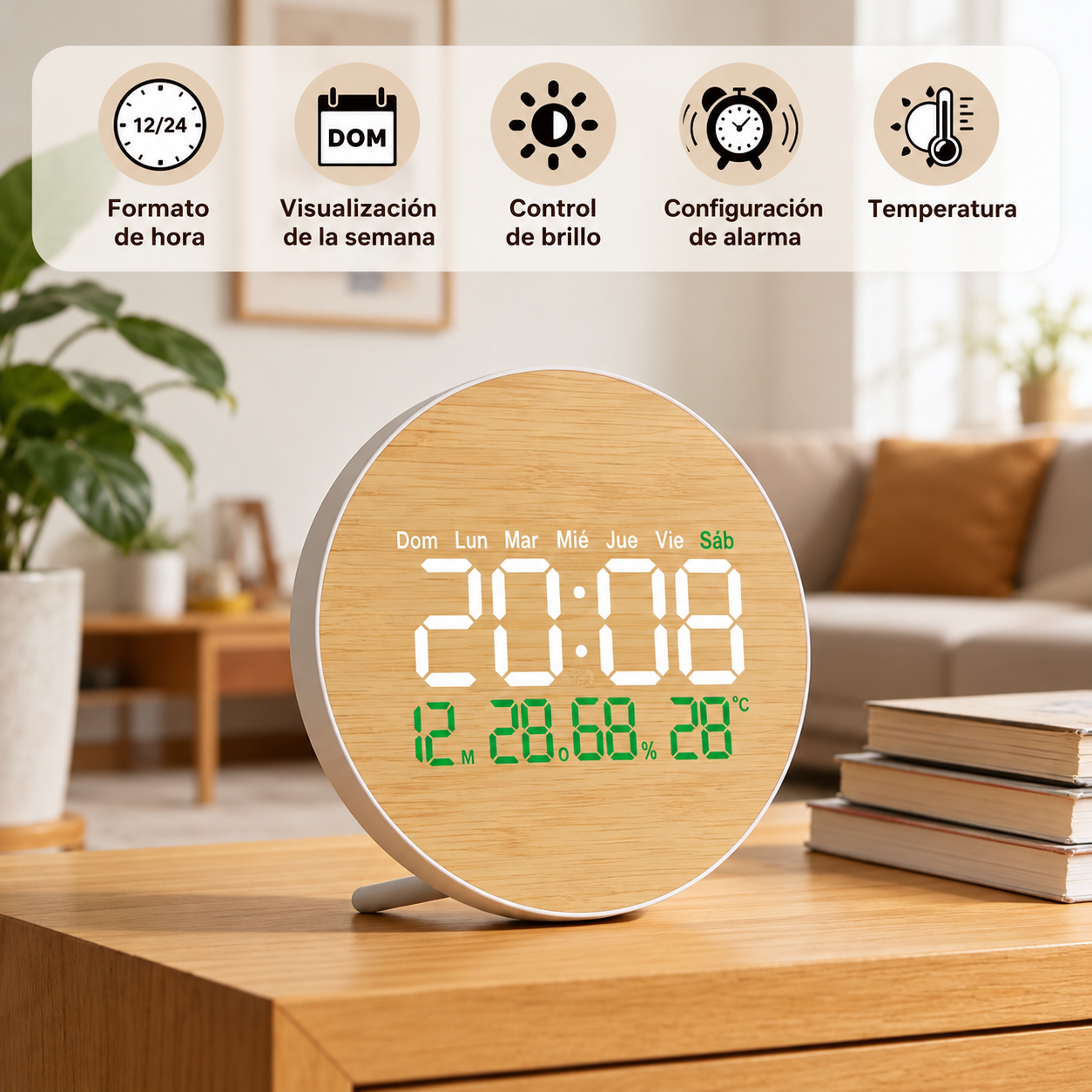 Reloj digital multifuncional con acabado tipo bambú