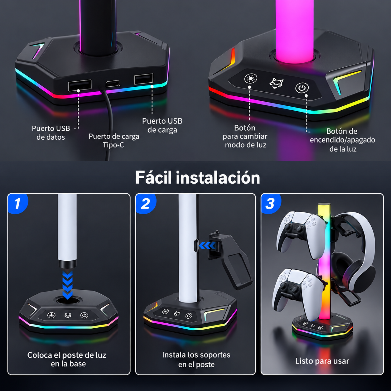 Soporte multifuncional Gamer con iluminación RGB