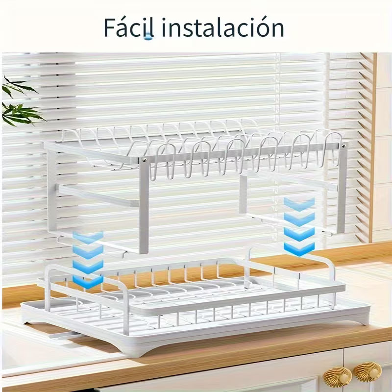 Escurridor de platos de 2 niveles con bandeja de drenaje