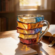 Taza de vidrio en forma de libros apilados